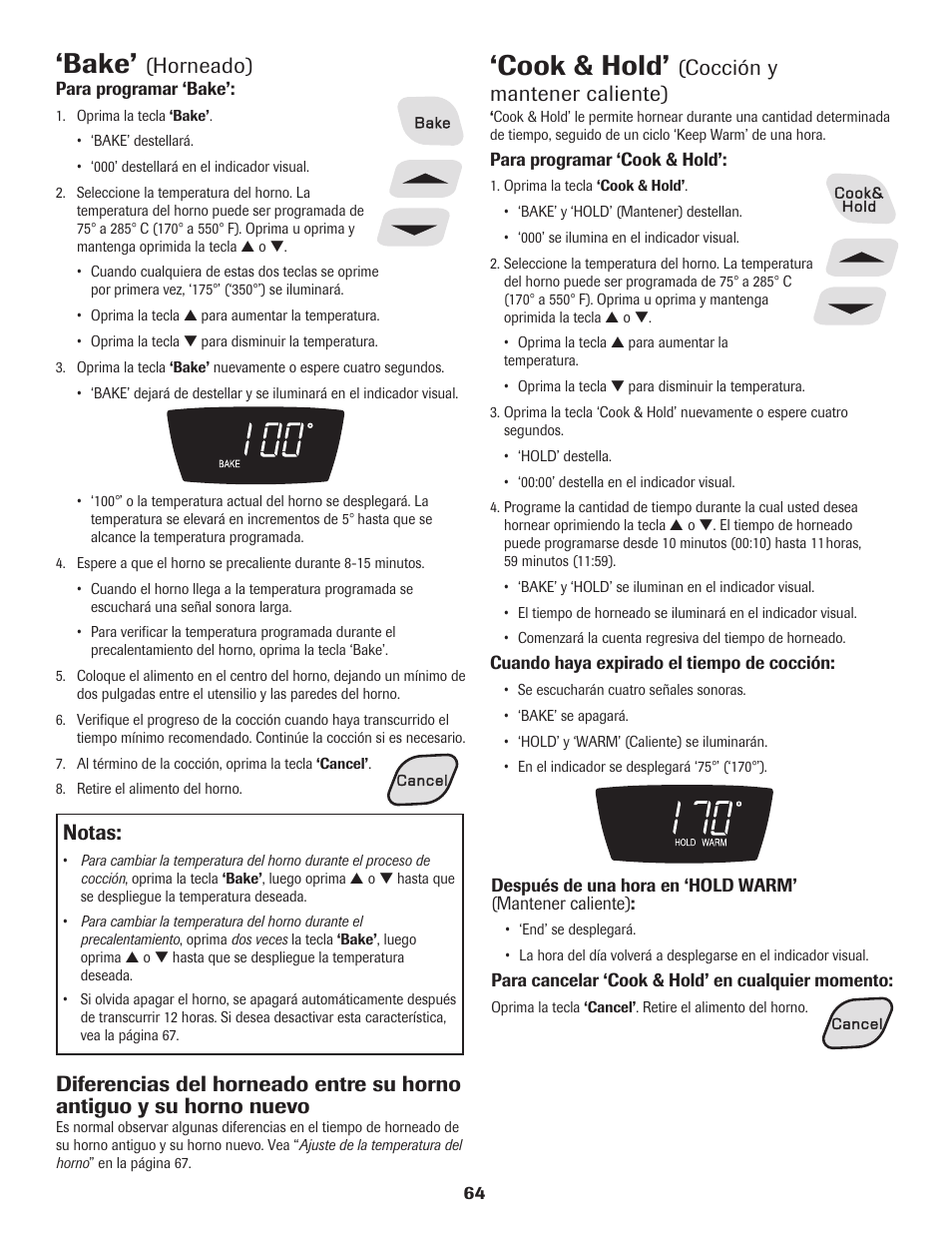 Bake, Cook & hold, Notas | Horneado), Cocción y mantener caliente) | Amana Electric Smoothtop Range User Manual | Page 65 / 72