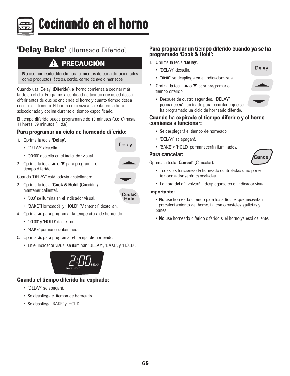 Cocinando en el horno, Delay bake, Precaución | Horneado diferido) | Amana Electric Smoothtop Range User Manual | Page 66 / 72