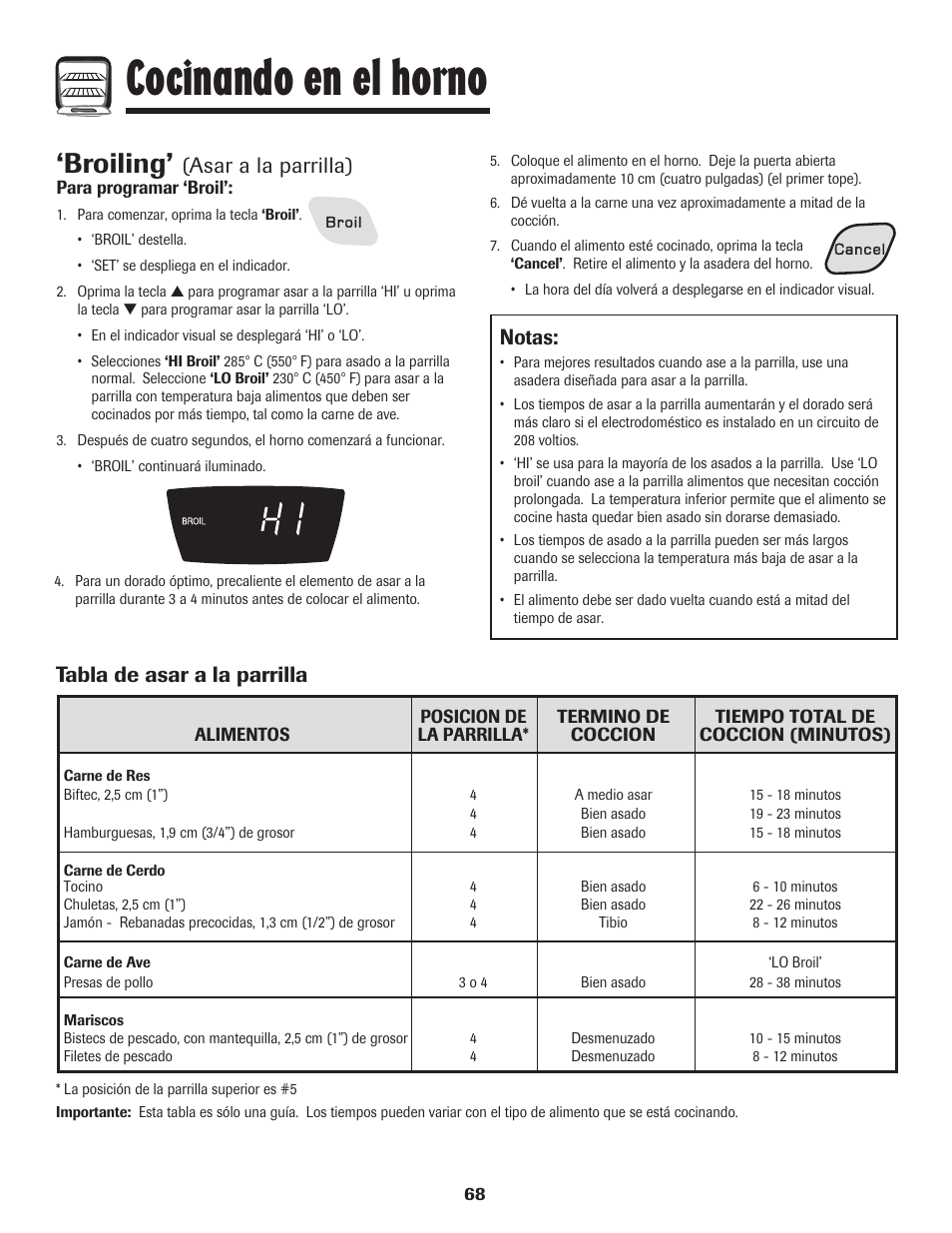 Cocinando en el horno, Broiling, Asar a la parrilla) | Notas, Tabla de asar a la parrilla | Amana Electric Smoothtop Range User Manual | Page 69 / 72