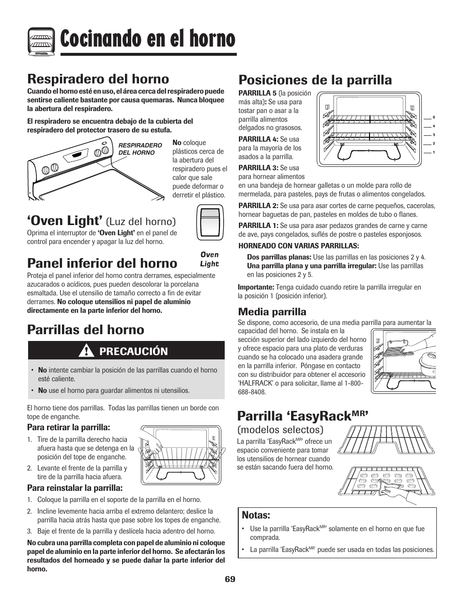 Cocinando en el horno, Panel inferior del horno, Respiradero del horno | Oven light, Parrillas del horno, Posiciones de la parrilla, Parrilla ‘easyrack | Amana Electric Smoothtop Range User Manual | Page 70 / 72