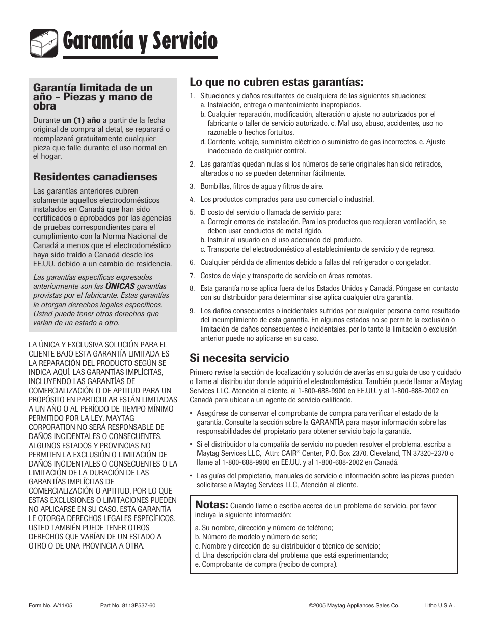 Garantía y servicio, Residentes canadienses, Lo que no cubren estas garantías | Si necesita servicio, Notas | Amana Electric Smoothtop Range User Manual | Page 72 / 72
