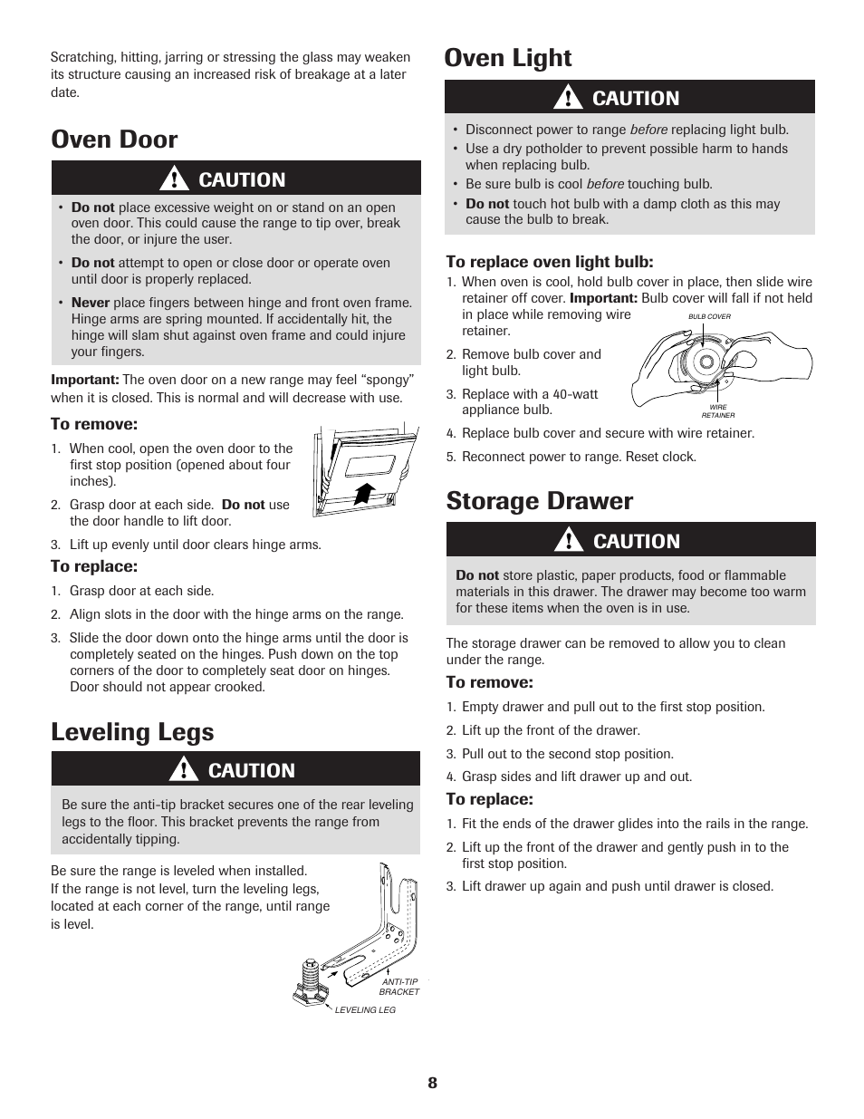 Leveling legs, Oven light, Oven door | Storage drawer, Caution | Amana Electric Smoothtop Range User Manual | Page 9 / 72