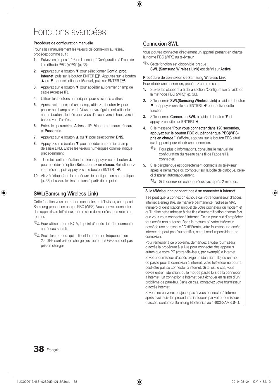 Fonctions avancées, Swl(samsung wireless link), Connexion swl | Samsung UE46C9000ZW User Manual | Page 102 / 257