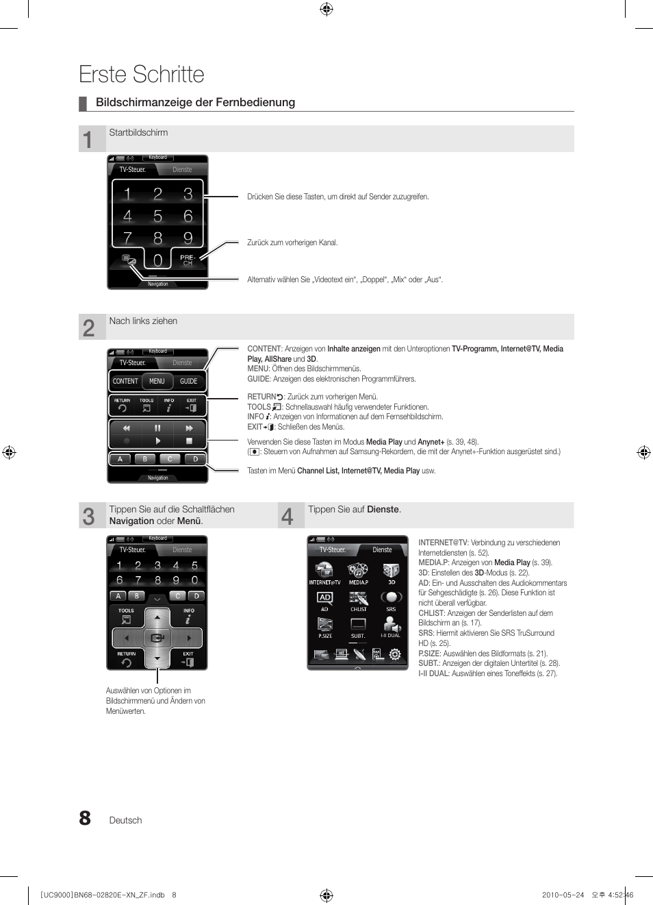 Erste schritte, Bildschirmanzeige der fernbedienung | Samsung UE46C9000ZW User Manual | Page 136 / 257