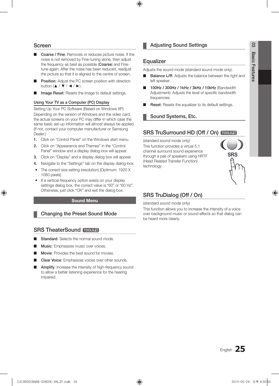 Screen, Srs theatersound, Equalizer | Srs trusurround hd (off / on), Srs trudialog (off / on) | Samsung UE46C9000ZW User Manual | Page 25 / 257