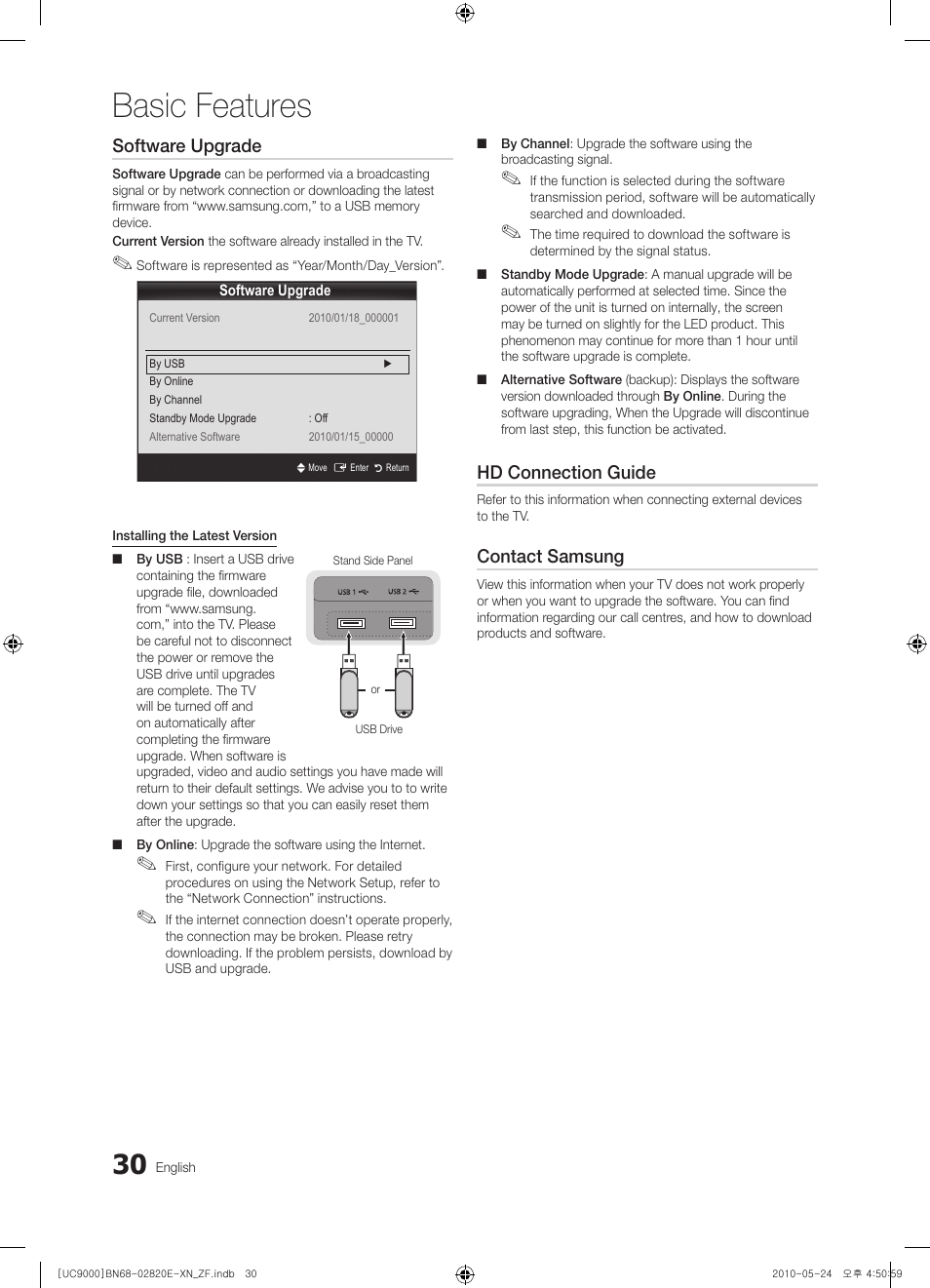 Basic features, Software upgrade, Hd connection guide | Contact samsung | Samsung UE46C9000ZW User Manual | Page 30 / 257