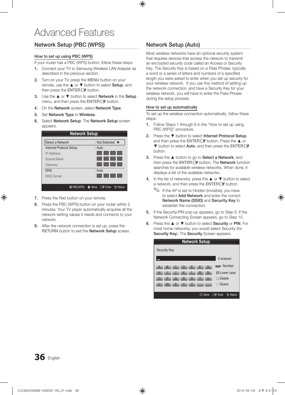 Advanced features, Network setup (pbc (wps)), Network setup (auto) | Samsung UE46C9000ZW User Manual | Page 36 / 257