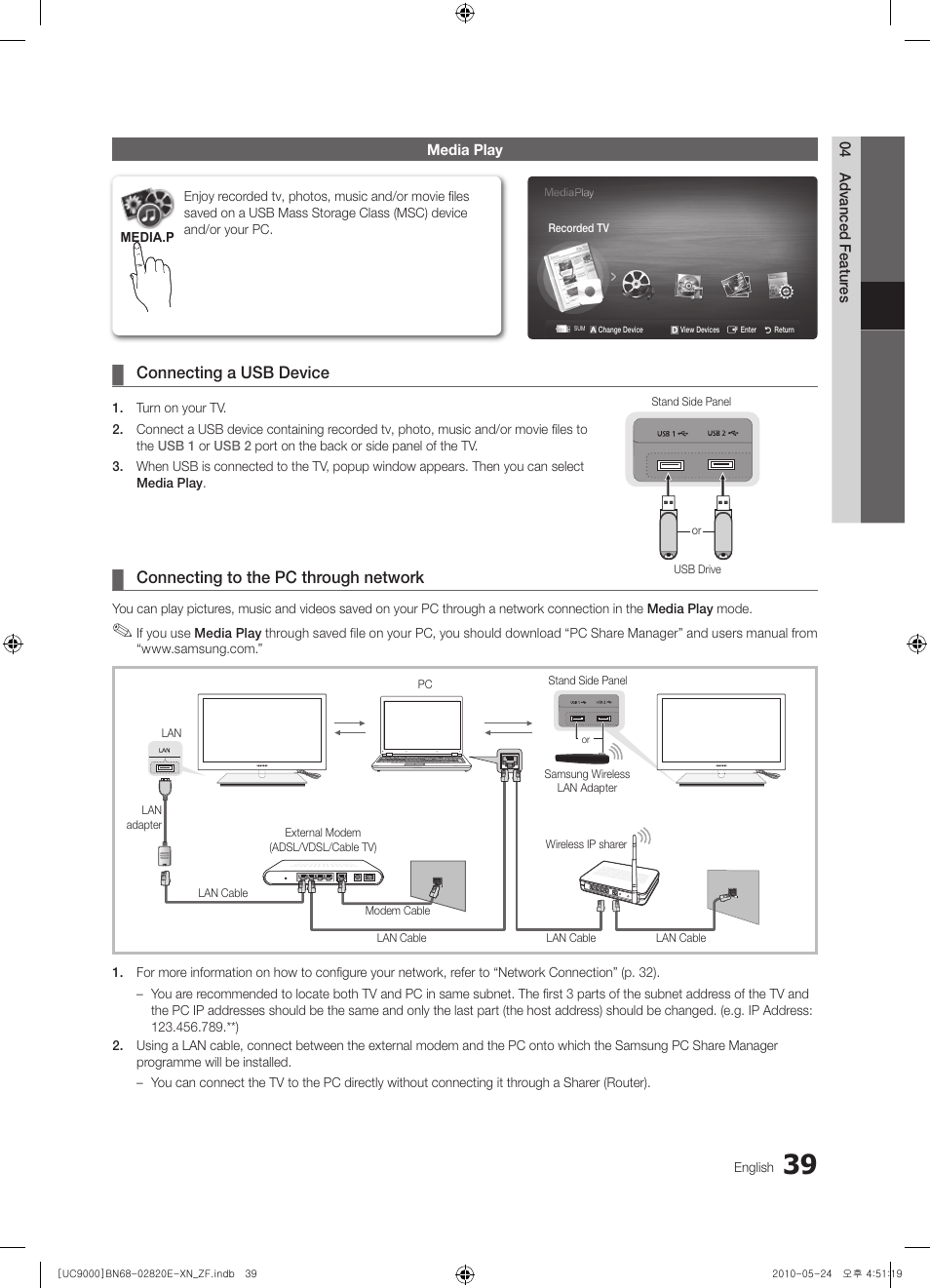 Connecting a usb device, Connecting to the pc through network | Samsung UE46C9000ZW User Manual | Page 39 / 257