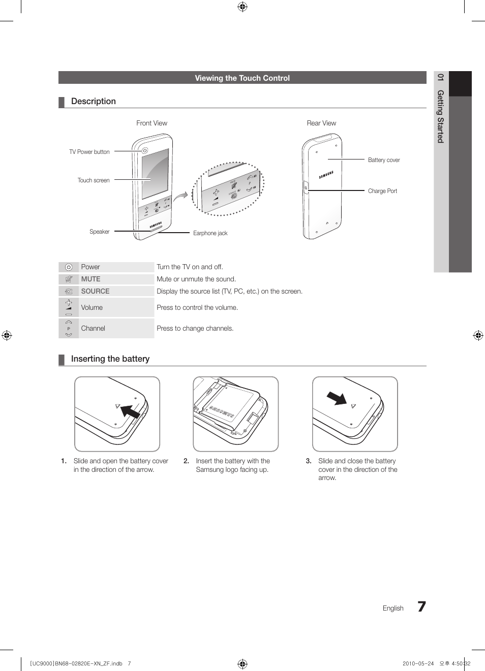 Description, Inserting the battery | Samsung UE46C9000ZW User Manual | Page 7 / 257