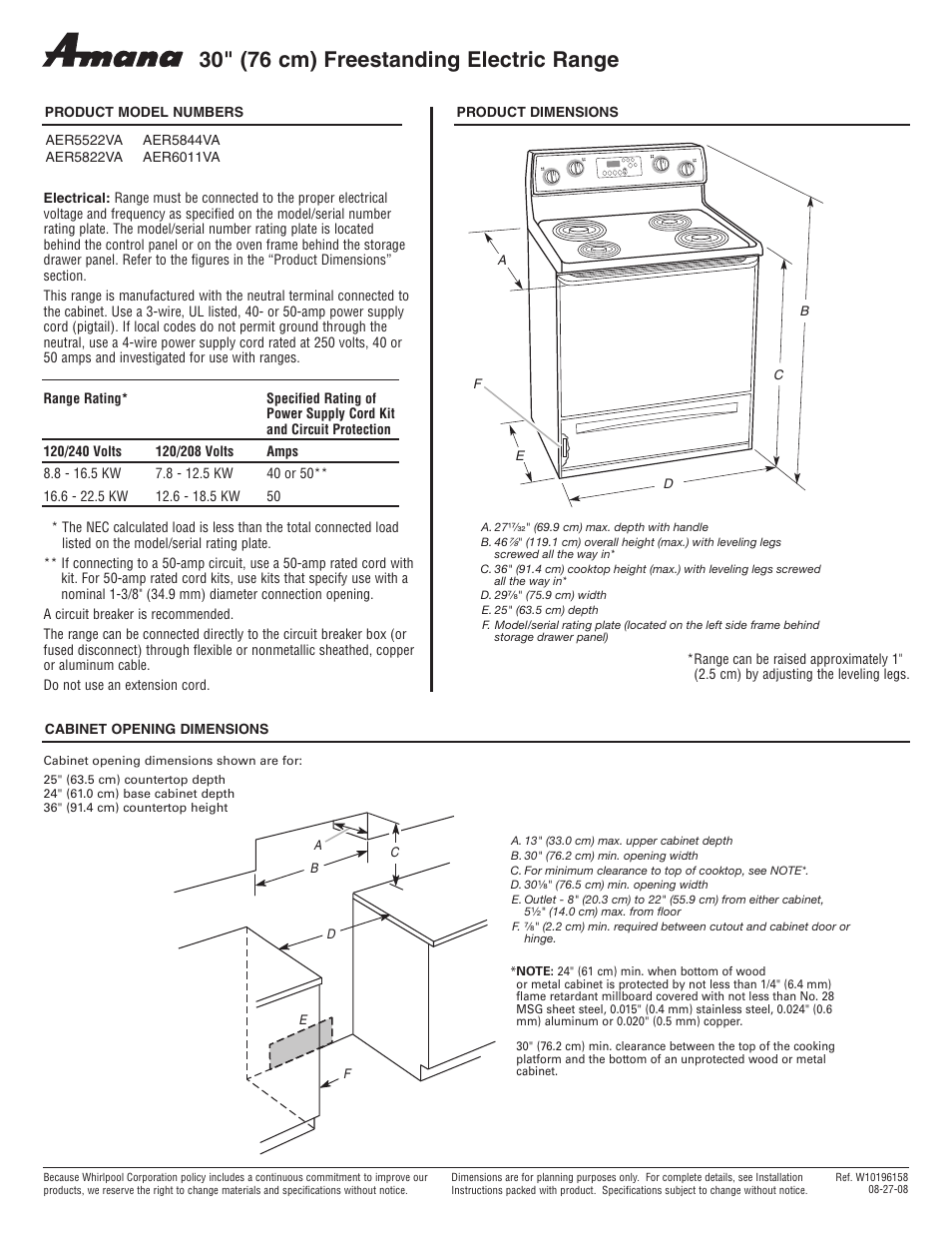 Amana AER6011VA User Manual | 1 page
