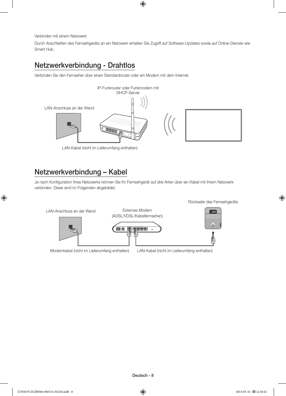 Netzwerkverbindung - drahtlos, Netzwerkverbindung – kabel | Samsung UE22H5670SS User Manual | Page 28 / 81