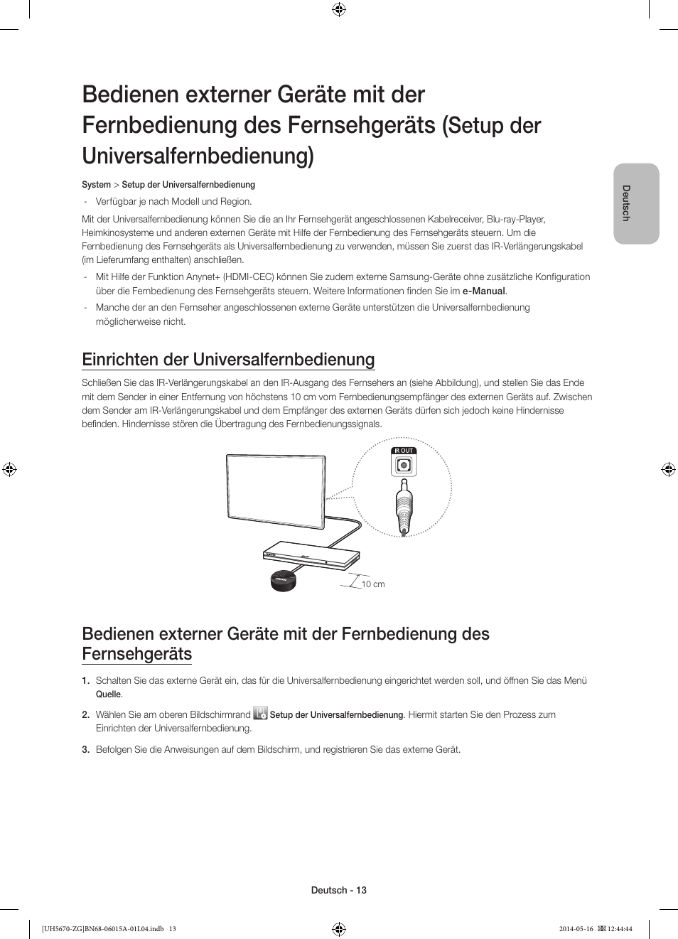 Setup der universalfernbedienung, Einrichten der universalfernbedienung | Samsung UE22H5670SS User Manual | Page 33 / 81