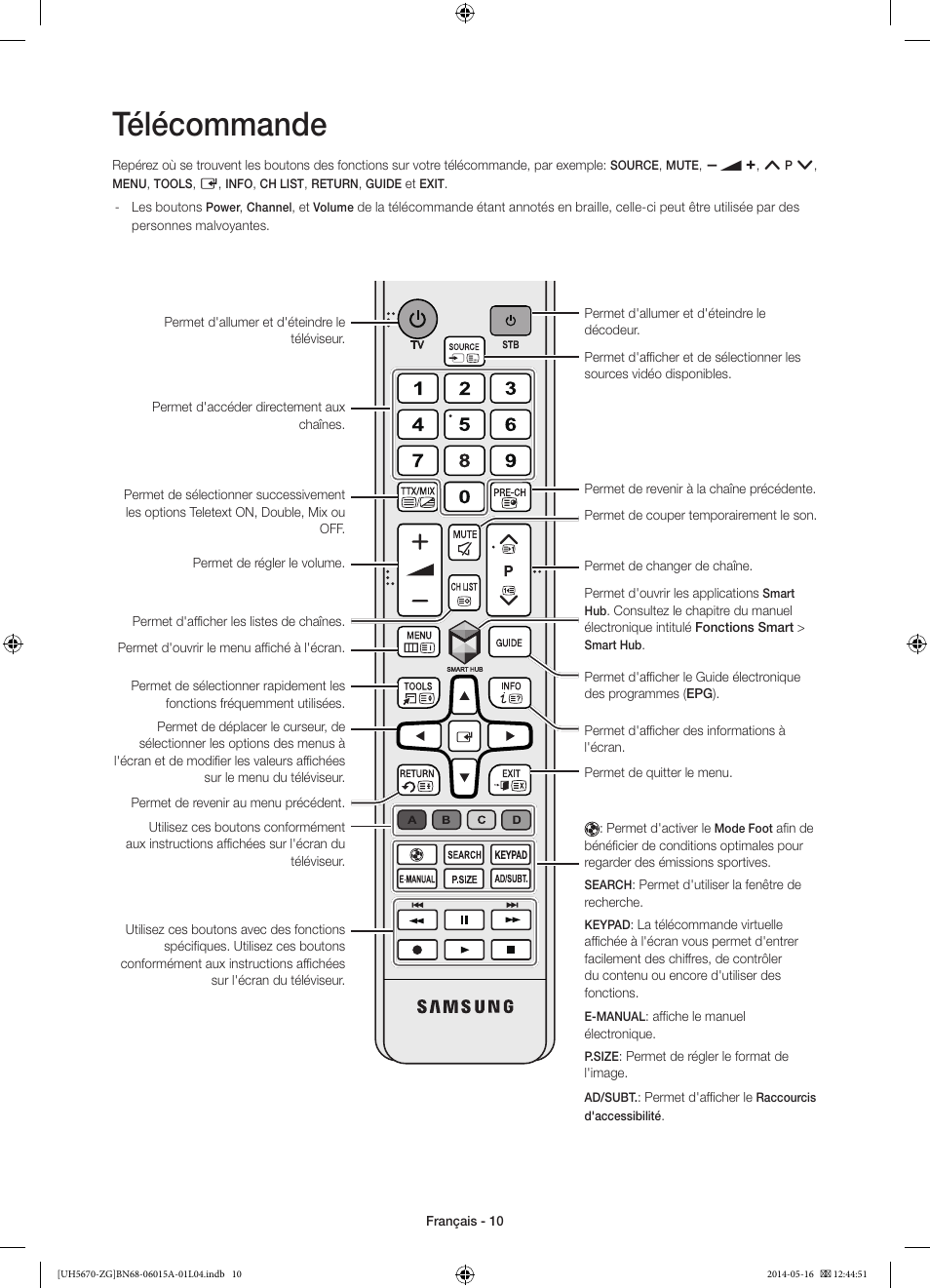 Télécommande | Samsung UE22H5670SS User Manual | Page 50 / 81