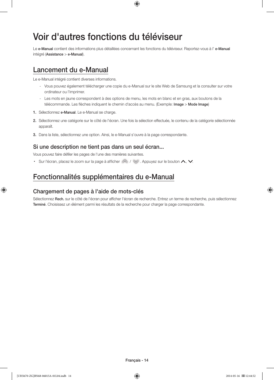 Voir d'autres fonctions du téléviseur, Lancement du e-manual, Fonctionnalités supplémentaires du e-manual | Si une description ne tient pas dans un seul écran, Chargement de pages à l'aide de mots-clés | Samsung UE22H5670SS User Manual | Page 54 / 81