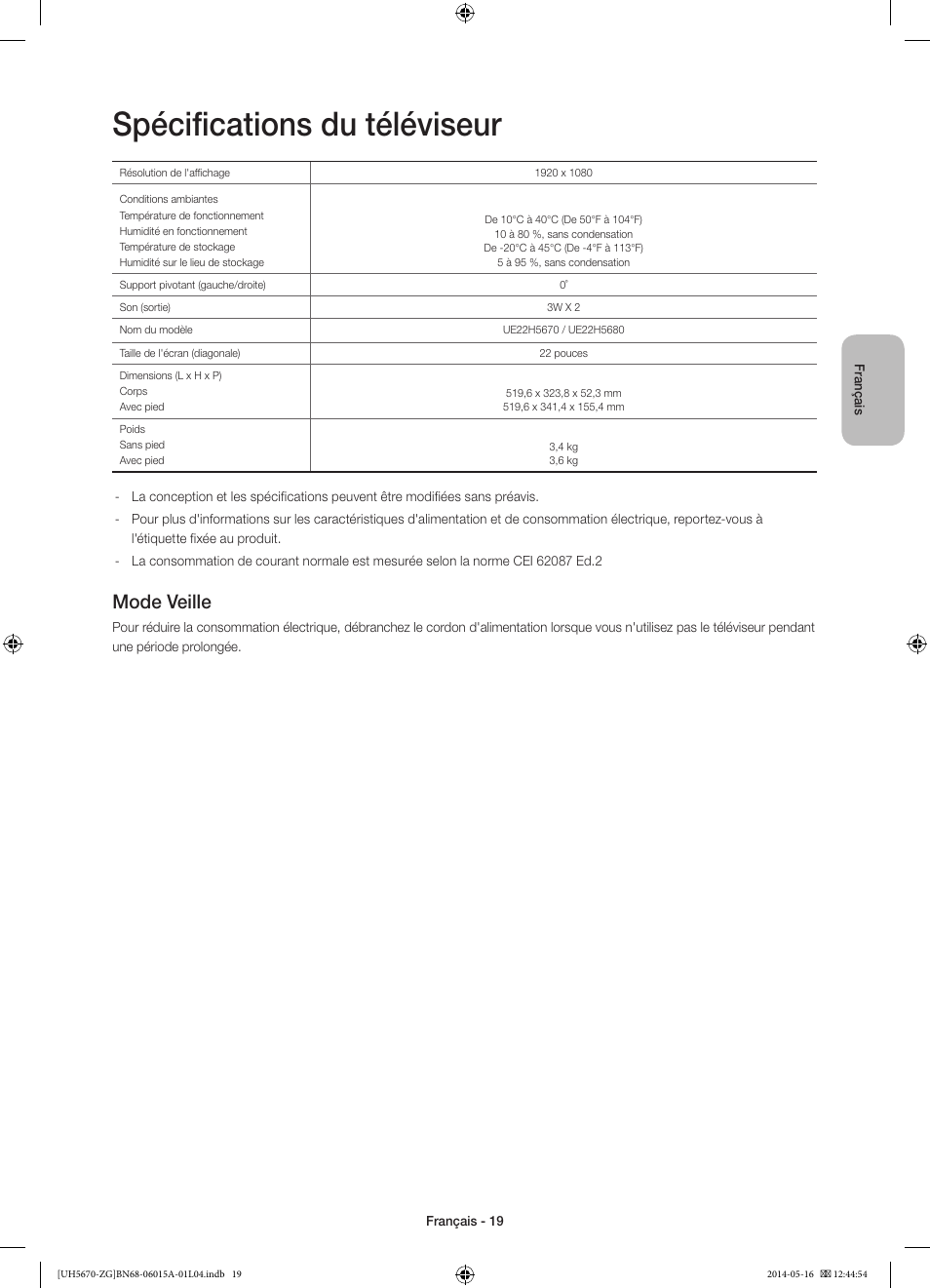 Spécifications du téléviseur, Mode veille | Samsung UE22H5670SS User Manual | Page 59 / 81