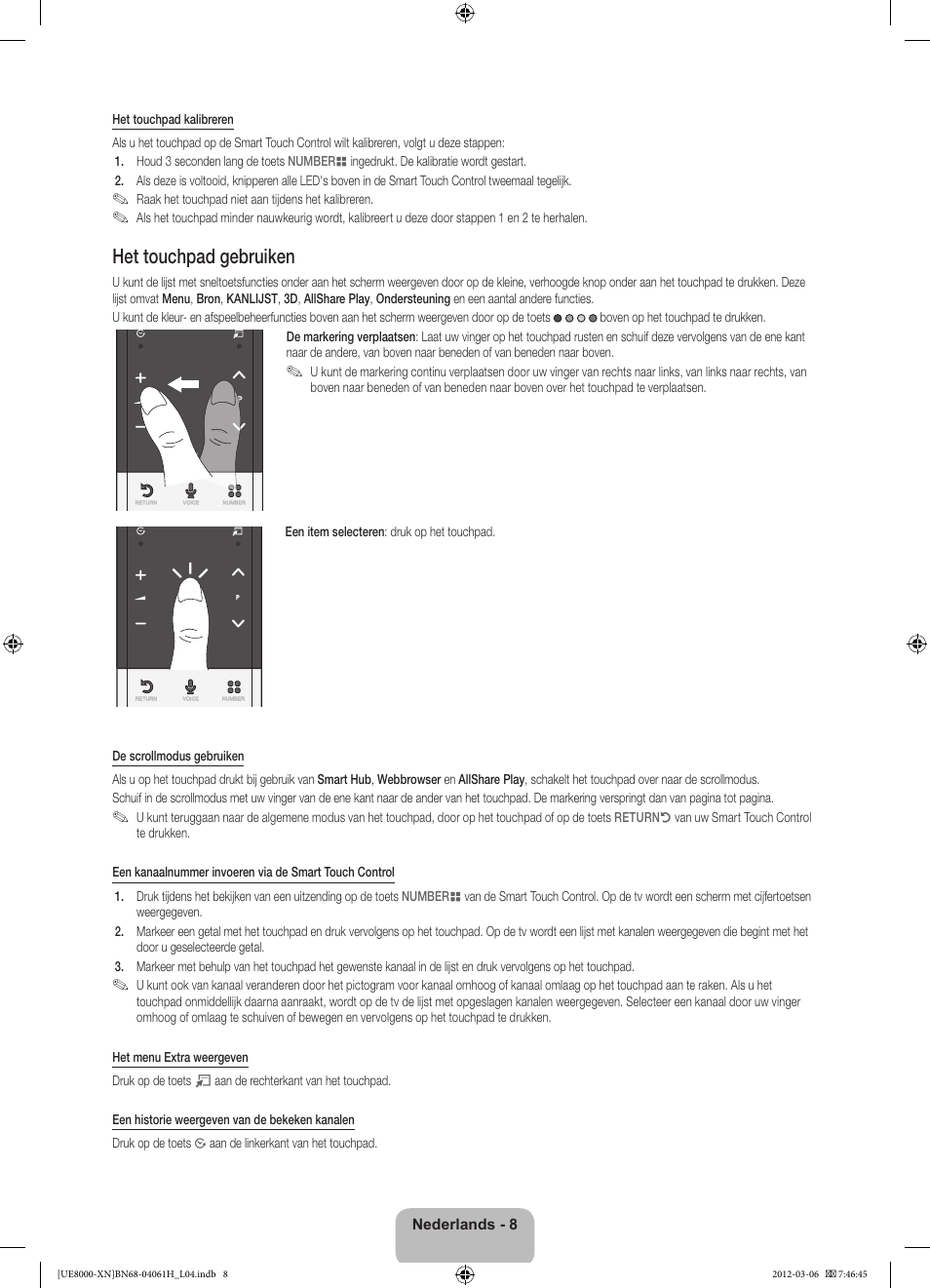 Het touchpad gebruiken | Samsung UE40ES8000S User Manual | Page 77 / 93