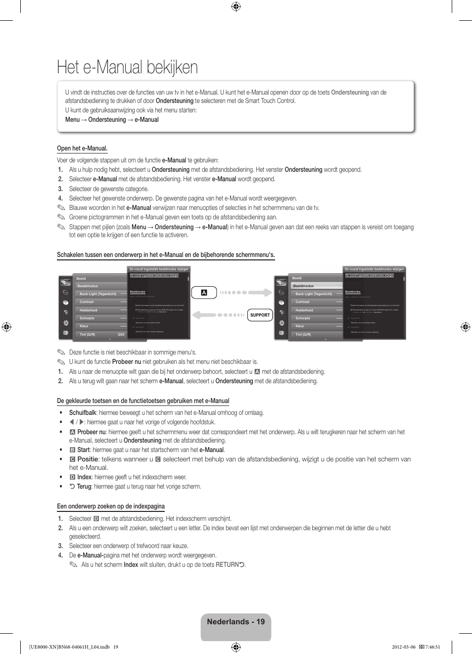 Het e-manual bekijken, Nederlands - 19, Deze functie is niet beschikbaar in sommige menu's | Samsung UE40ES8000S User Manual | Page 88 / 93