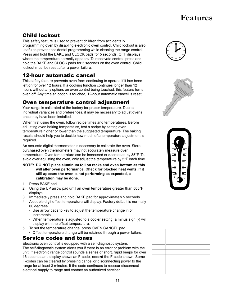 Features, Child lockout, Hour automatic cancel | Oven temperature control adjustment, Service codes and tones | Amana ACS3350 User Manual | Page 11 / 28