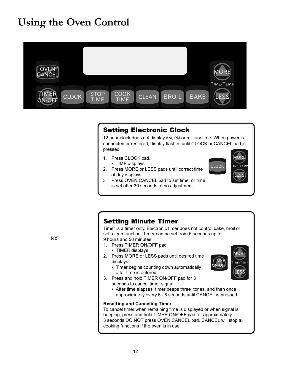 Using the oven control, Setting electronic clock, Setting minute timer | Flashing display, Timer signal | Amana ACS3350 User Manual | Page 12 / 28