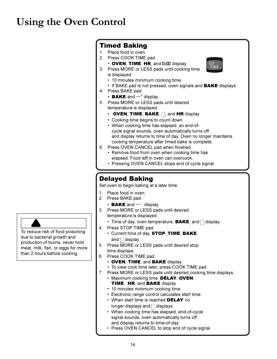 Using the oven control, Caution, Timed baking | Contd) delayed baking, How far ahead can i set the time, How much time is left | Amana ACS3350 User Manual | Page 14 / 28