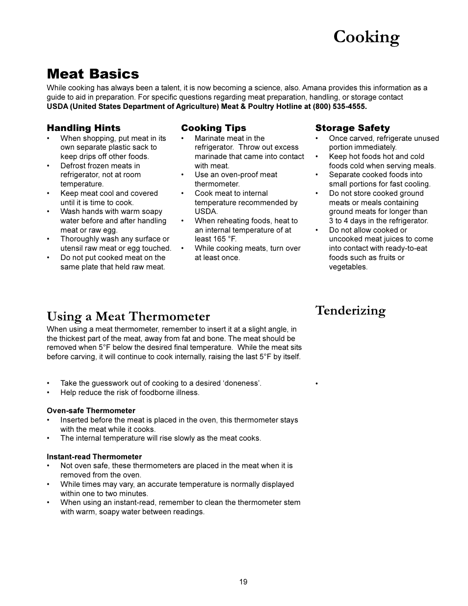 Cooking, Meat basics, Using a meat thermometer | Tenderizing, Cont'd), A meat thermometer can | Amana ACS3350 User Manual | Page 19 / 28