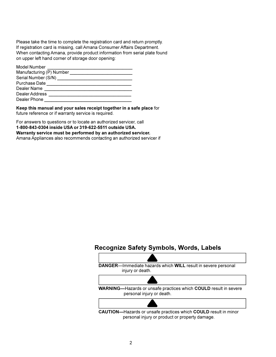 Danger, Warning, Caution | Amana ACS3350 User Manual | Page 2 / 28