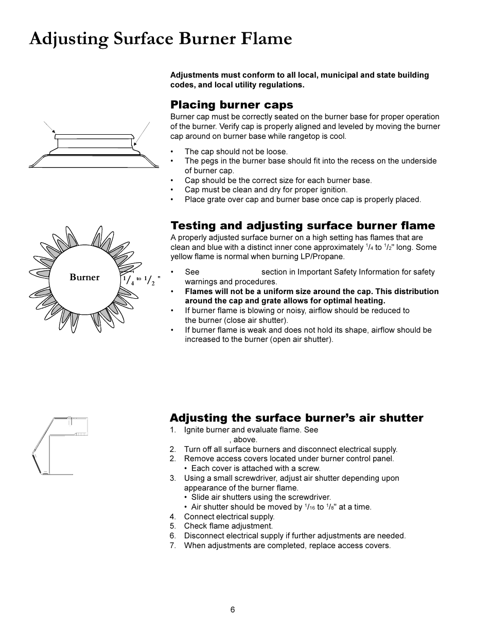 Adjusting surface burner flame, Placing burner caps, Testing and adjusting surface burner flame | Adjusting the surface burners air shutter, Xuqhu | Amana ACS3350 User Manual | Page 6 / 28