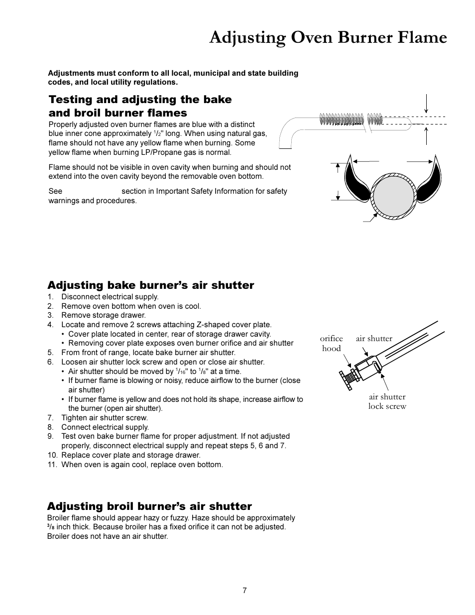 Adjusting oven burner flame, Adjusting bake burners air shutter, Adjusting broil burners air shutter | Amana ACS3350 User Manual | Page 7 / 28
