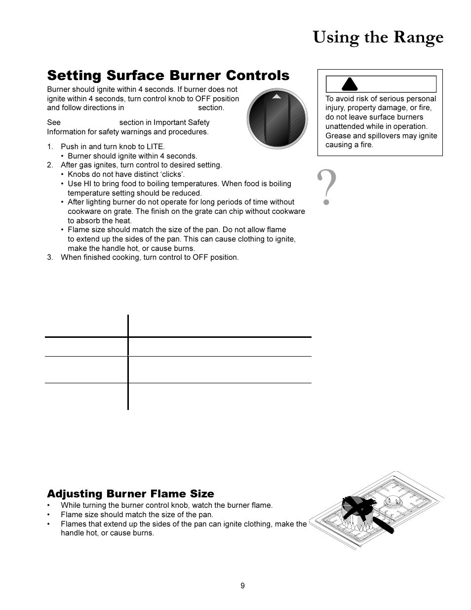 Using the range, Setting surface burner controls, Warning | During a power outage, Adjusting burner flame size, If these controls are different from yours | Amana ACS3350 User Manual | Page 9 / 28
