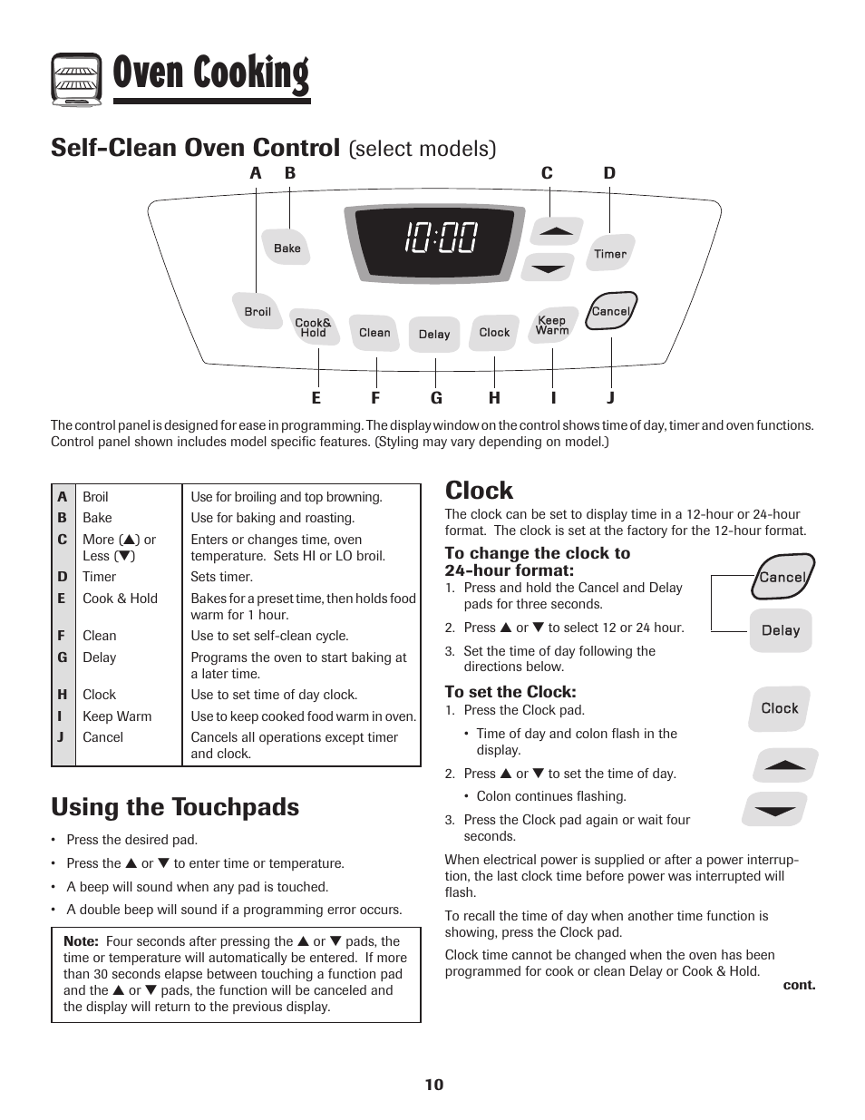 Oven cooking, Self-clean oven control, Using the touchpads | Clock, Select models) | Amana pmn User Manual | Page 11 / 88