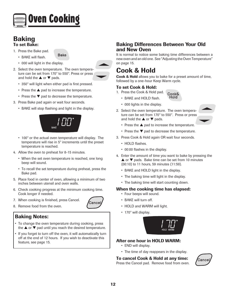 Oven cooking, Baking, Cook & hold | Baking differences between your old and new oven | Amana pmn User Manual | Page 13 / 88