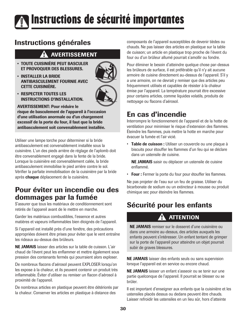 Instructions de sécurité importantes, Instructions générales, En cas d’incendie | Sécurité pour les enfants | Amana pmn User Manual | Page 31 / 88