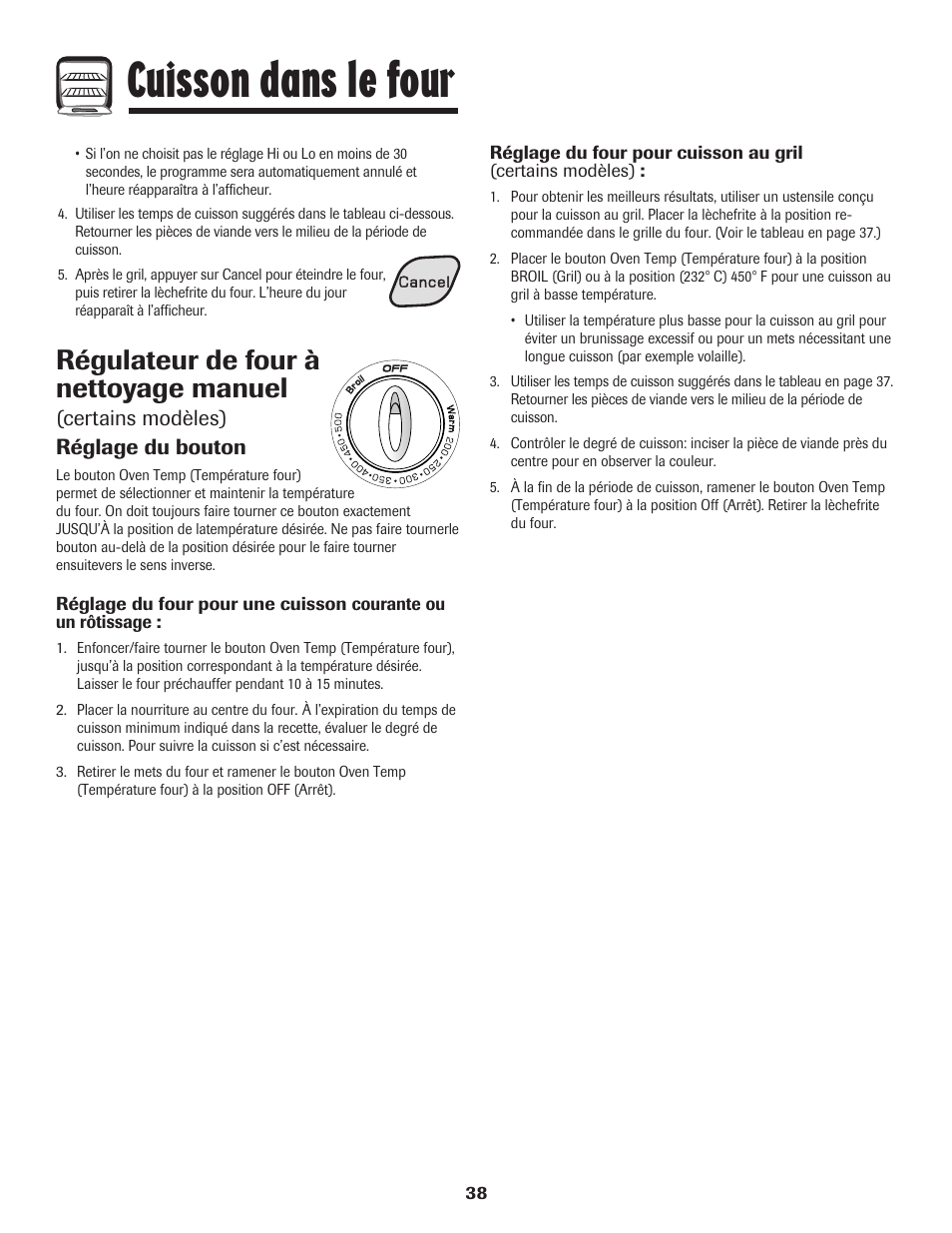 Cuisson dans le four, Régulateur de four à nettoyage manuel, Certains modèles) réglage du bouton | Amana pmn User Manual | Page 39 / 88