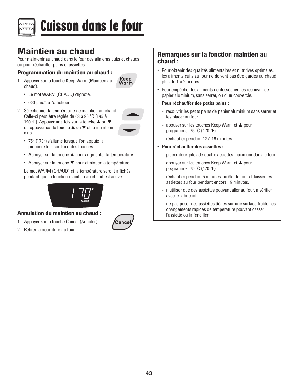 Cuisson dans le four, Maintien au chaud, Remarques sur la fonction maintien au chaud | Amana pmn User Manual | Page 44 / 88