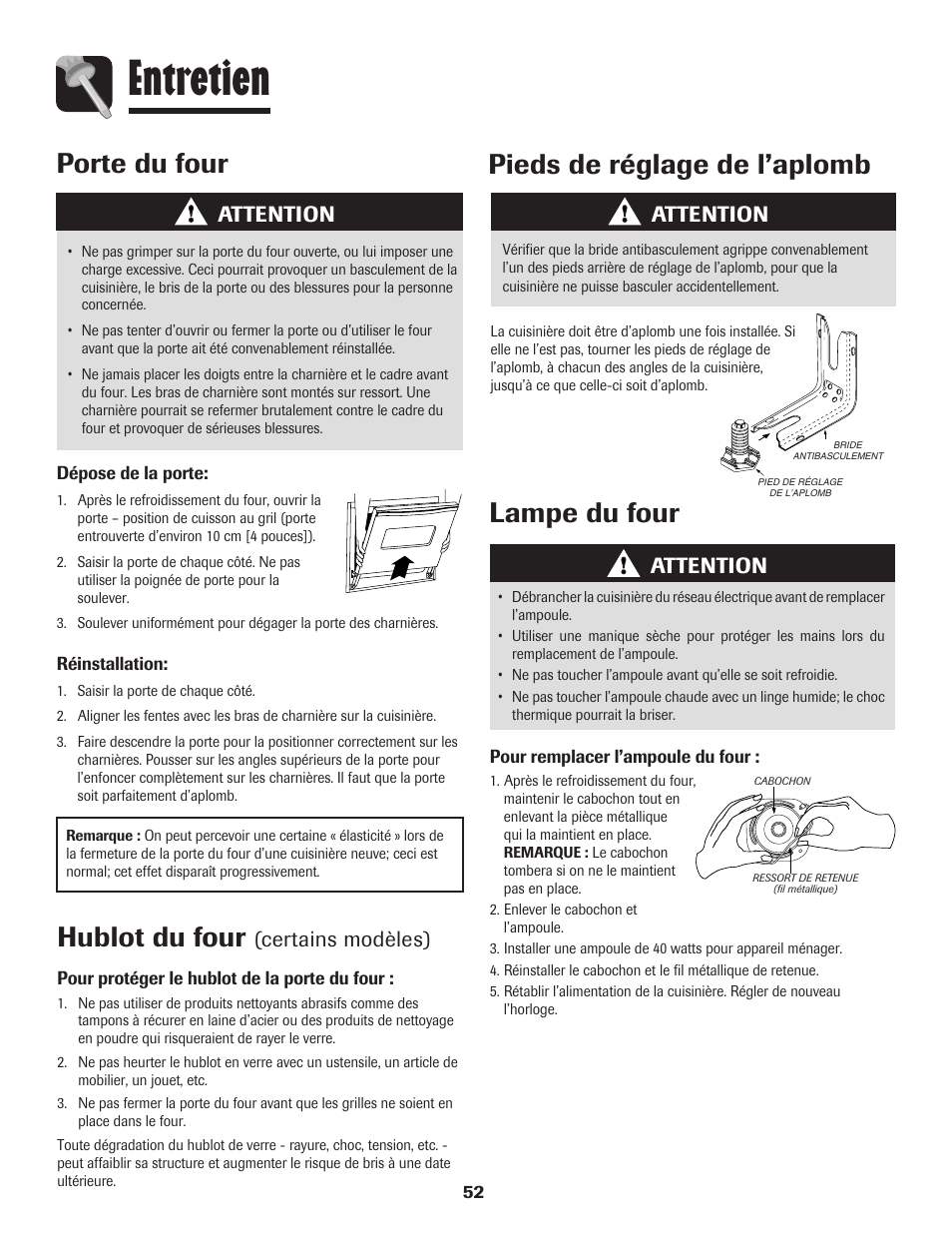 Entretien, Hublot du four, Pieds de réglage de l’aplomb | Porte du four, Lampe du four, Certains modèles), Attention | Amana pmn User Manual | Page 53 / 88