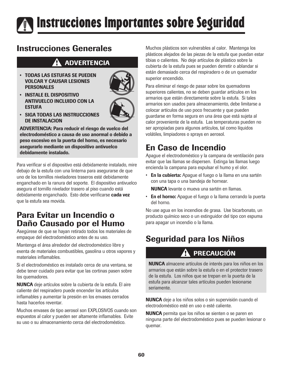 Instrucciones importantes sobre seguridad, Instrucciones generales, Para evitar un incendio o daño causado por el humo | En caso de incendio, Seguridad para los niños | Amana pmn User Manual | Page 61 / 88