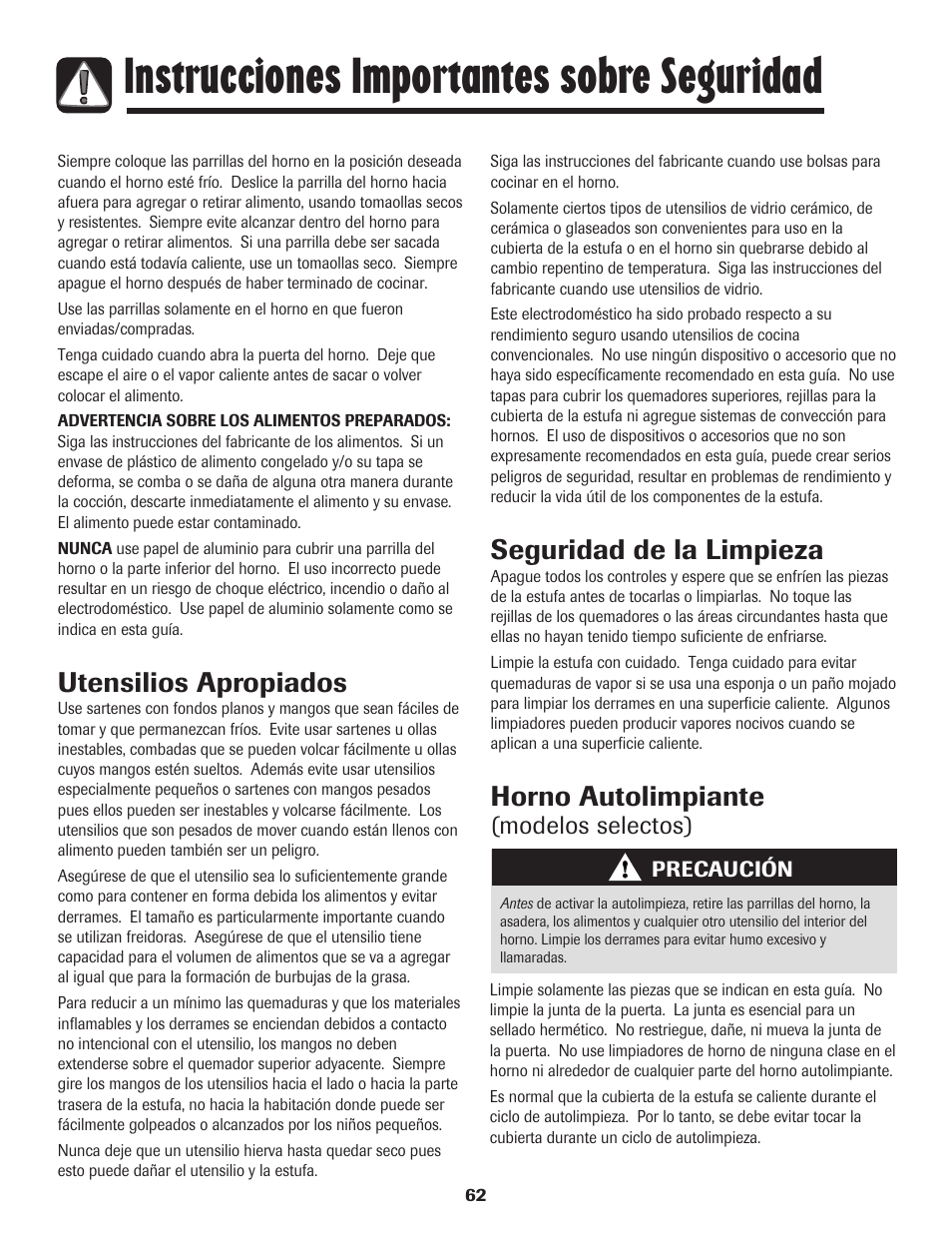 Instrucciones importantes sobre seguridad, Utensilios apropiados, Seguridad de la limpieza | Horno autolimpiante, Modelos selectos) | Amana pmn User Manual | Page 63 / 88