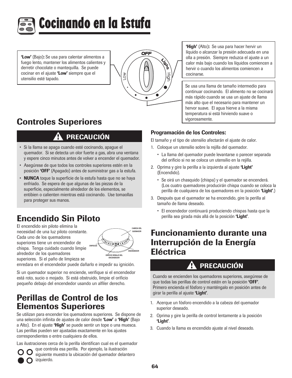 Cocinando en la estufa, Controles superiores encendido sin piloto, Precaución | Amana pmn User Manual | Page 65 / 88