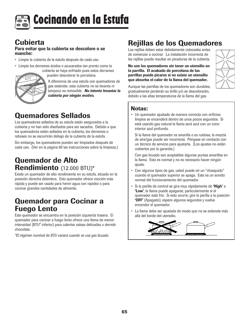 Cocinando en la estufa, Cubierta, Quemadores sellados | Quemador de alto rendimiento, Quemador para cocinar a fuego lento, Rejillas de los quemadores | Amana pmn User Manual | Page 66 / 88