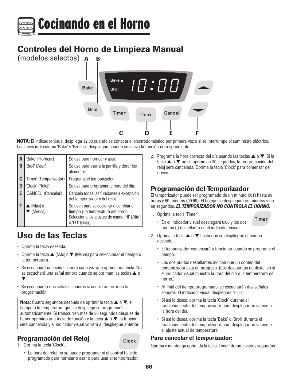 Cocinando en el horno, Controles del horno de limpieza manual, Uso de las teclas | Modelos selectos), Programación del reloj, Programación del temporizador | Amana pmn User Manual | Page 67 / 88