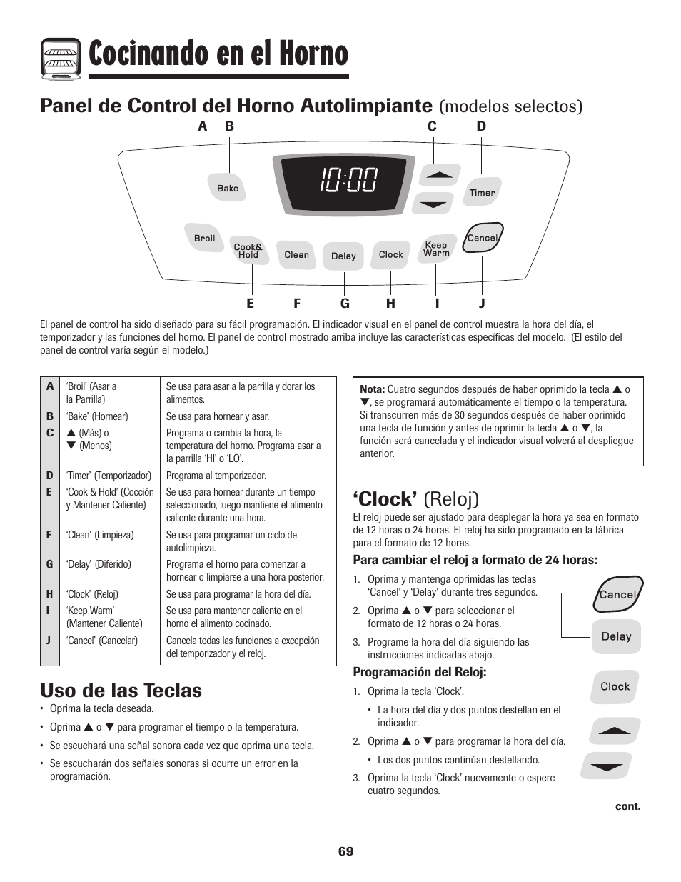 Cocinando en el horno, Panel de control del horno autolimpiante, Clock’ (reloj) | Uso de las teclas, Modelos selectos) | Amana pmn User Manual | Page 70 / 88