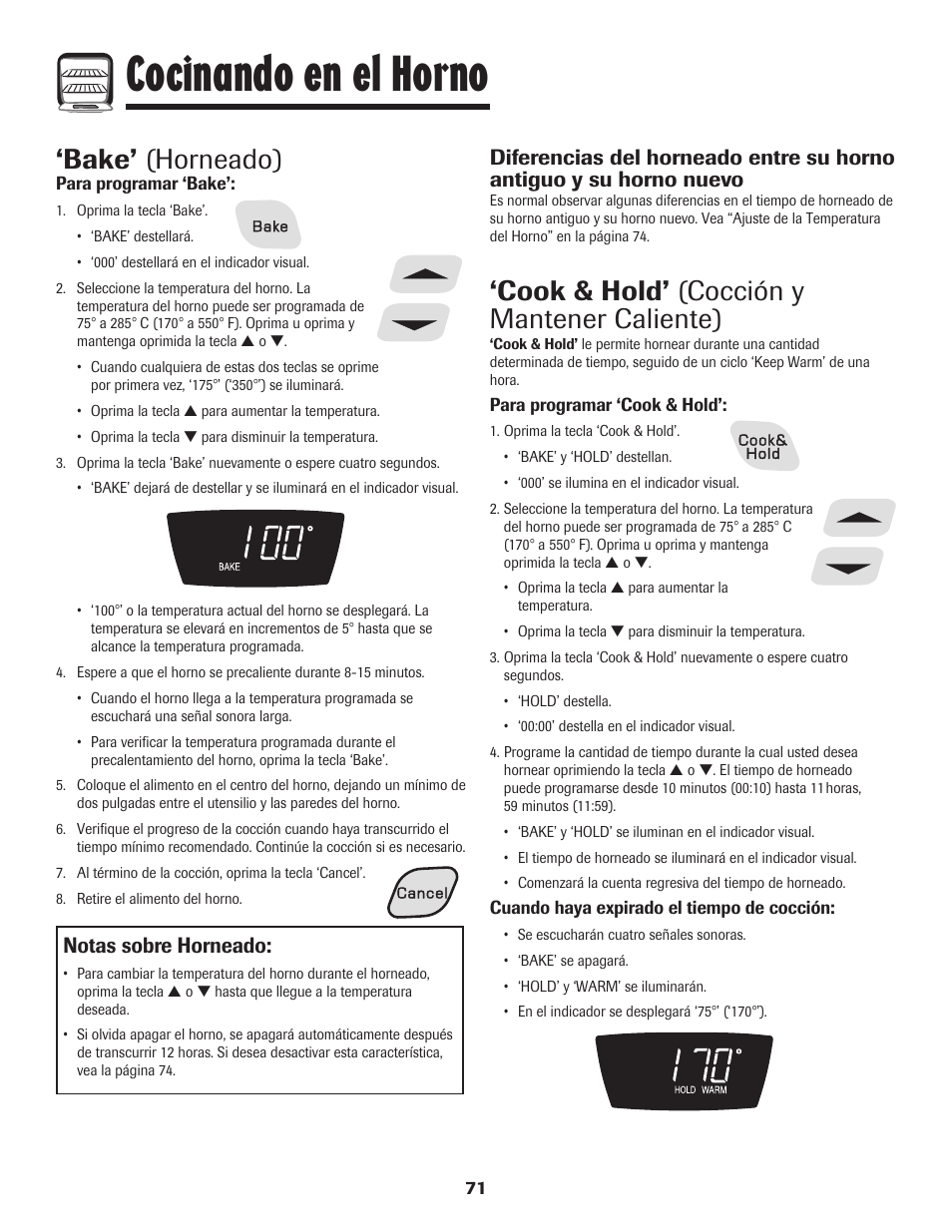 Cocinando en el horno, Bake’ (horneado), Cook & hold’ (cocción y mantener caliente) | Notas sobre horneado | Amana pmn User Manual | Page 72 / 88