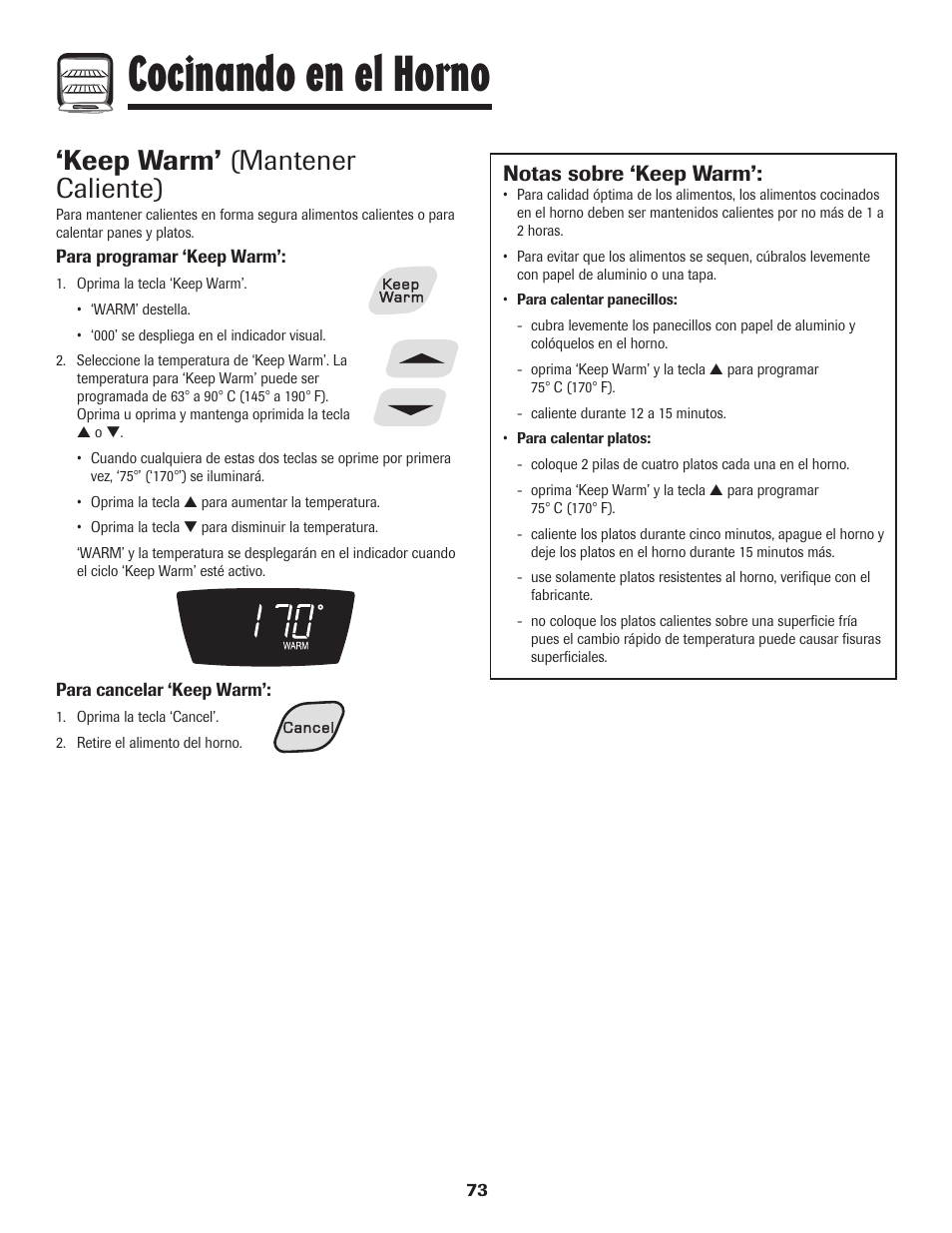 Cocinando en el horno, Keep warm’ (mantener caliente), Notas sobre ‘keep warm | Amana pmn User Manual | Page 74 / 88