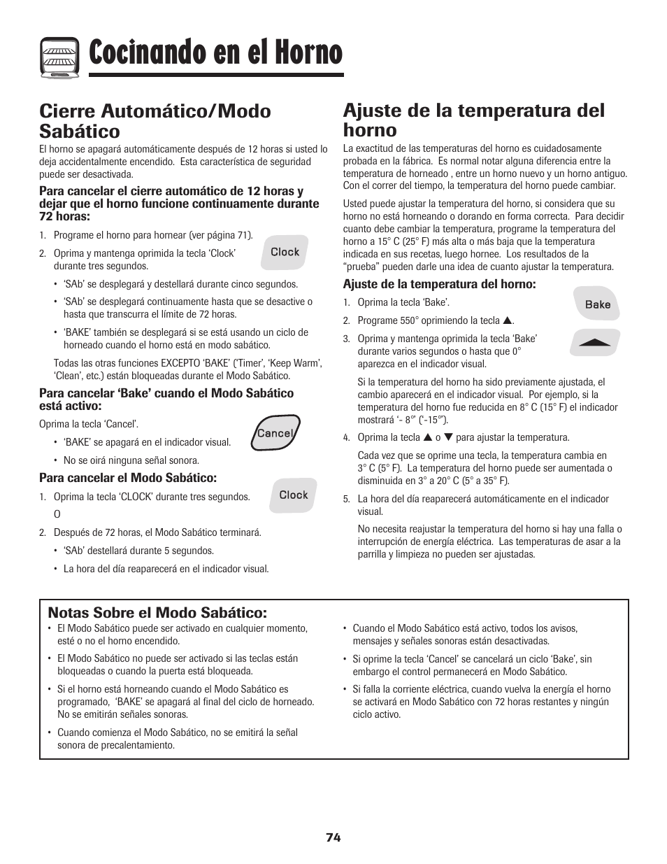 Cocinando en el horno, Cierre automático/modo sabático, Ajuste de la temperatura del horno | Notas sobre el modo sabático | Amana pmn User Manual | Page 75 / 88