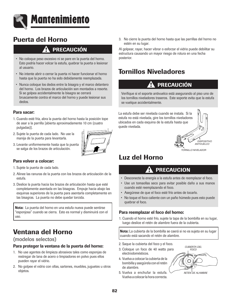 Mantenimiento, Ventana del horno, Tornillos niveladores | Puerta del horno, Luz del horno, Modelos selectos), Precaución, Precaucion | Amana pmn User Manual | Page 83 / 88