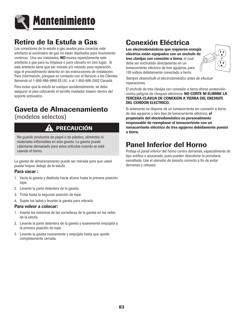 Mantenimiento, Gaveta de almacenamiento, Retiro de la estufa a gas | Conexión eléctrica, Panel inferior del horno, Modelos selectos) | Amana pmn User Manual | Page 84 / 88