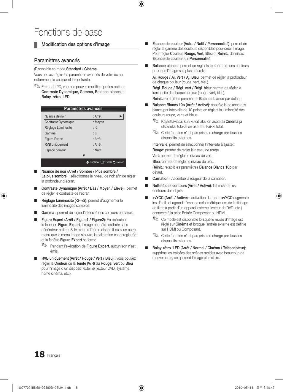 Fonctions de base, Paramètres avancés | Samsung UE40C7700WS User Manual | Page 146 / 257