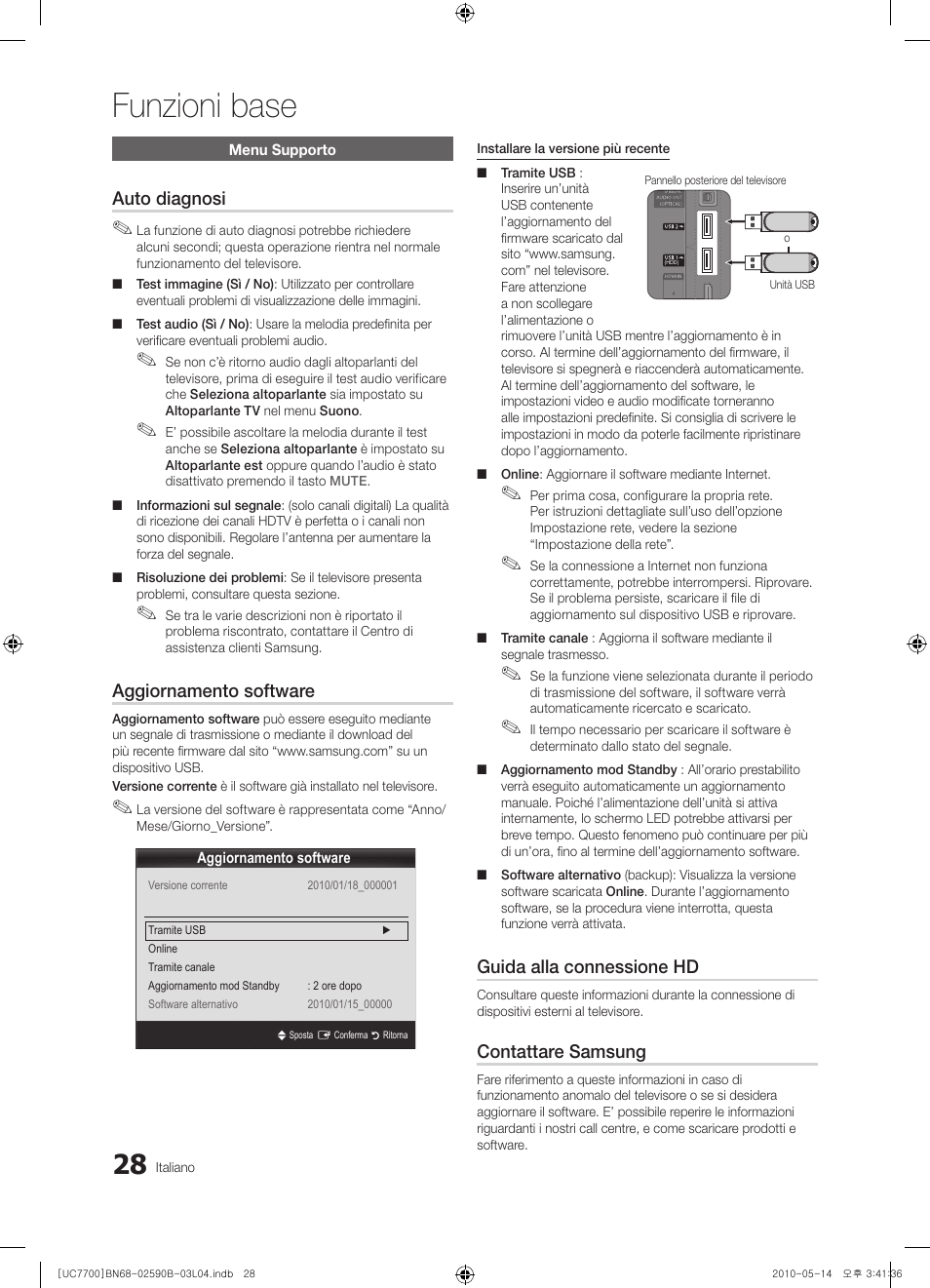 Funzioni base, Auto diagnosi, Aggiornamento software | Guida alla connessione hd, Contattare samsung | Samsung UE40C7700WS User Manual | Page 220 / 257