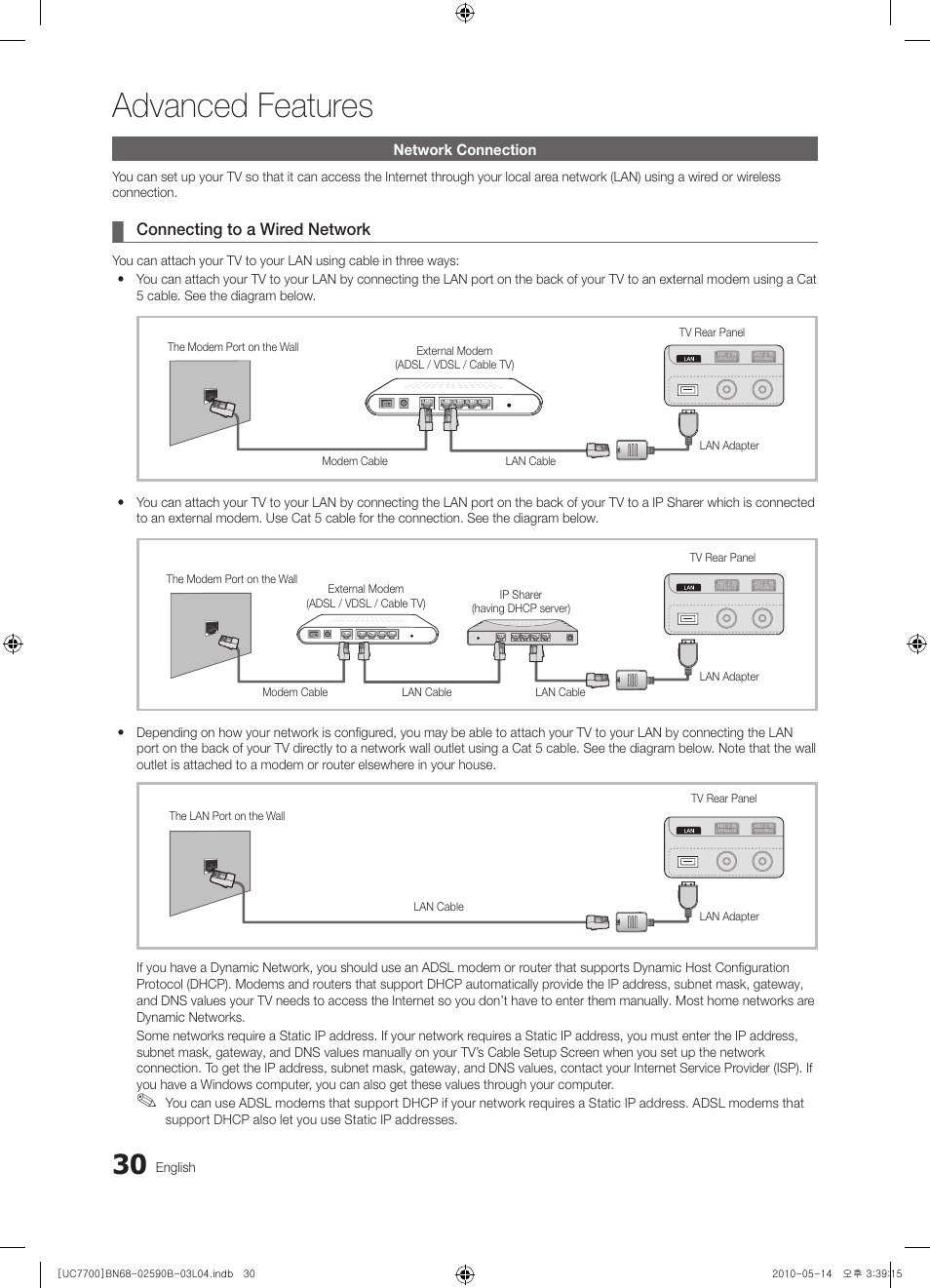 Advanced features, Connecting to a wired network, Network connection | English | Samsung UE40C7700WS User Manual | Page 30 / 257