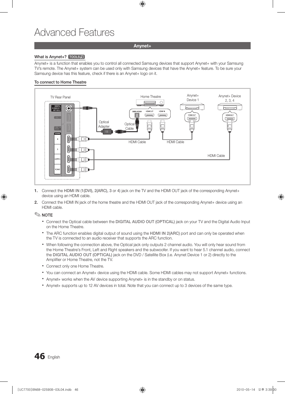 Advanced features | Samsung UE40C7700WS User Manual | Page 46 / 257